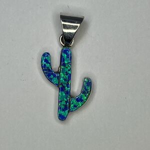 Sterling Silver Multistone And Opal INLAY Cactus PENDANT Reversible